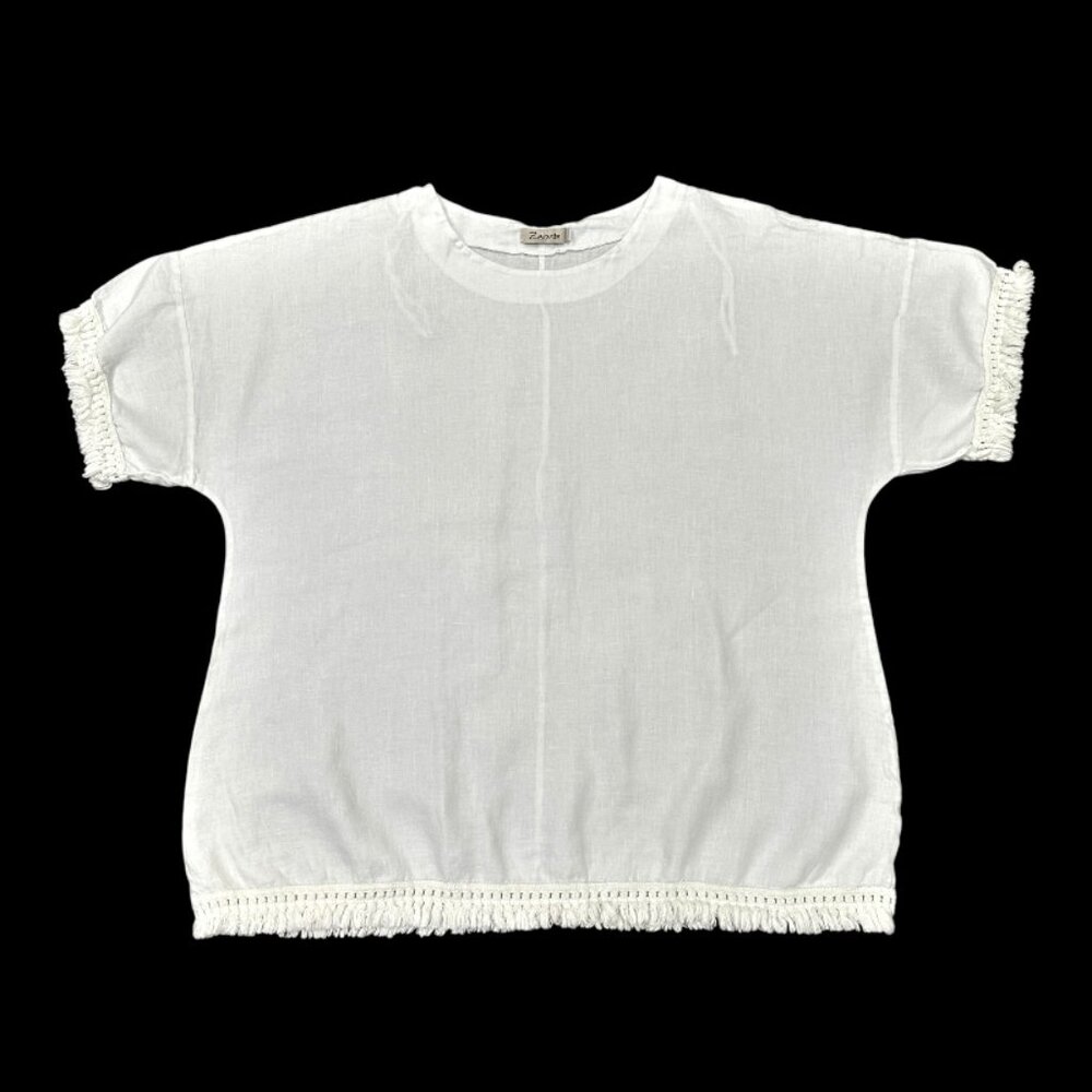 Zelante White Linen Tunic Blouse Size 2X Fringed Coastal Chic Lagenlook Italy